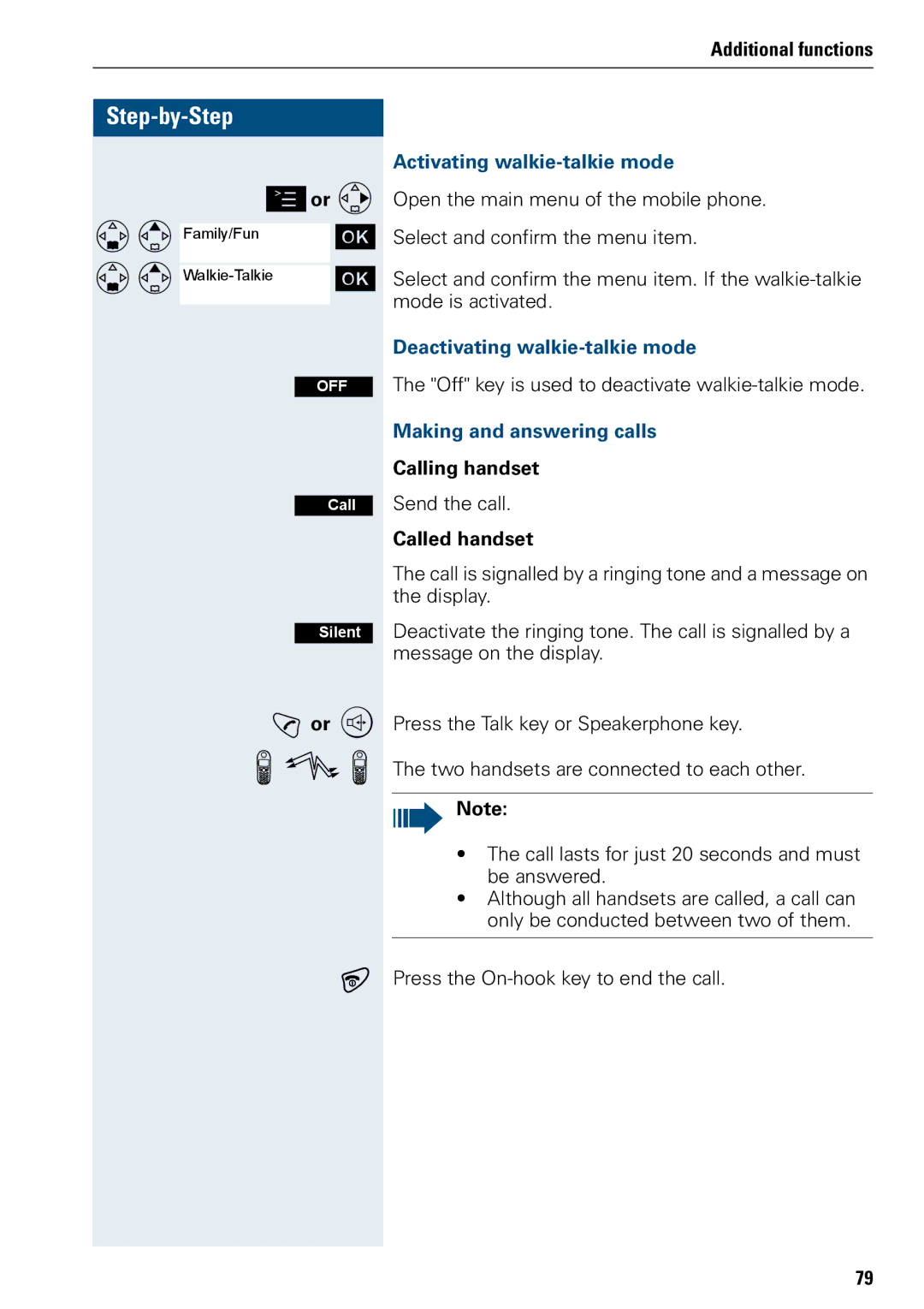 Siemens 3000 Activating walkie-talkie mode, Deactivating walkie-talkie mode, Making and answering calls, Calling handset 