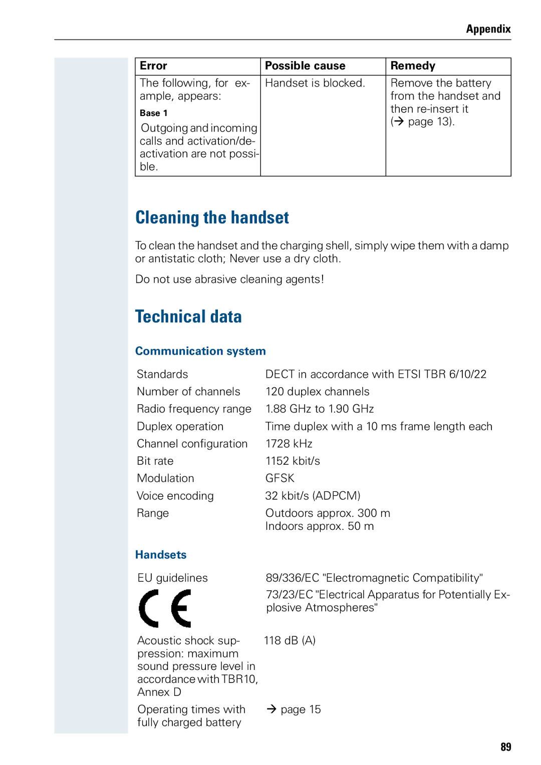 Siemens 3000 operating instructions Cleaning the handset, Technical data, Communication system, Handsets 