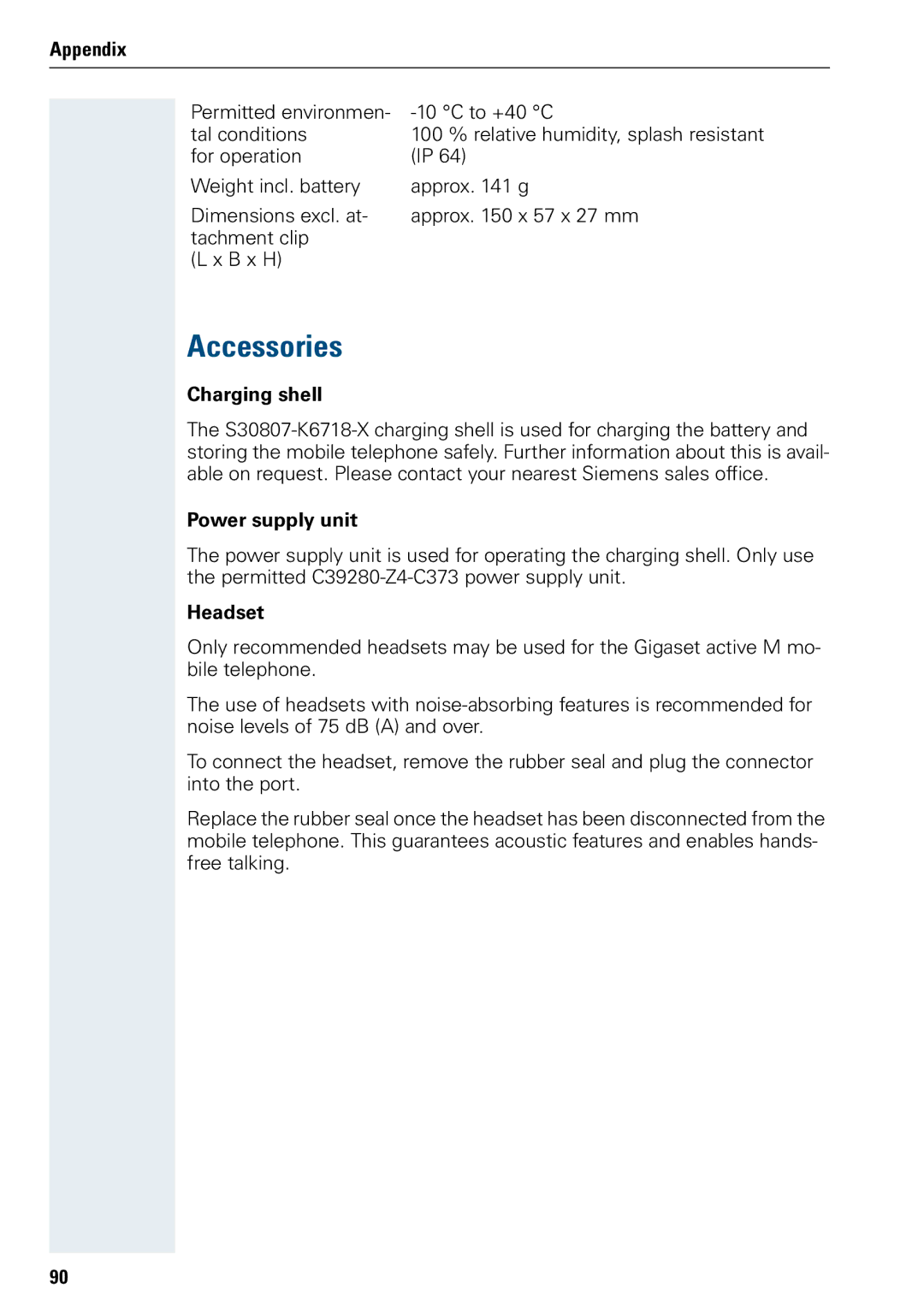 Siemens 3000 operating instructions Accessories, Charging shell, Power supply unit, Headset 