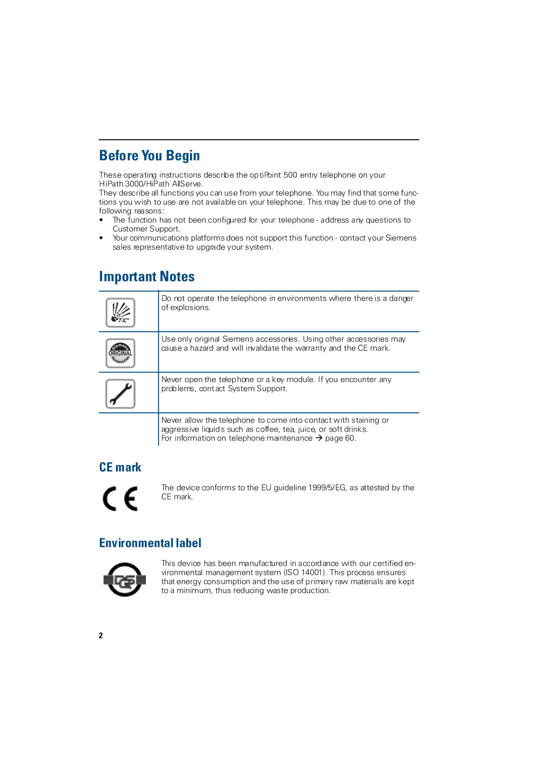 Siemens 3000 operating instructions Before You Begin, Important Notes, CE mark, Environmental label 