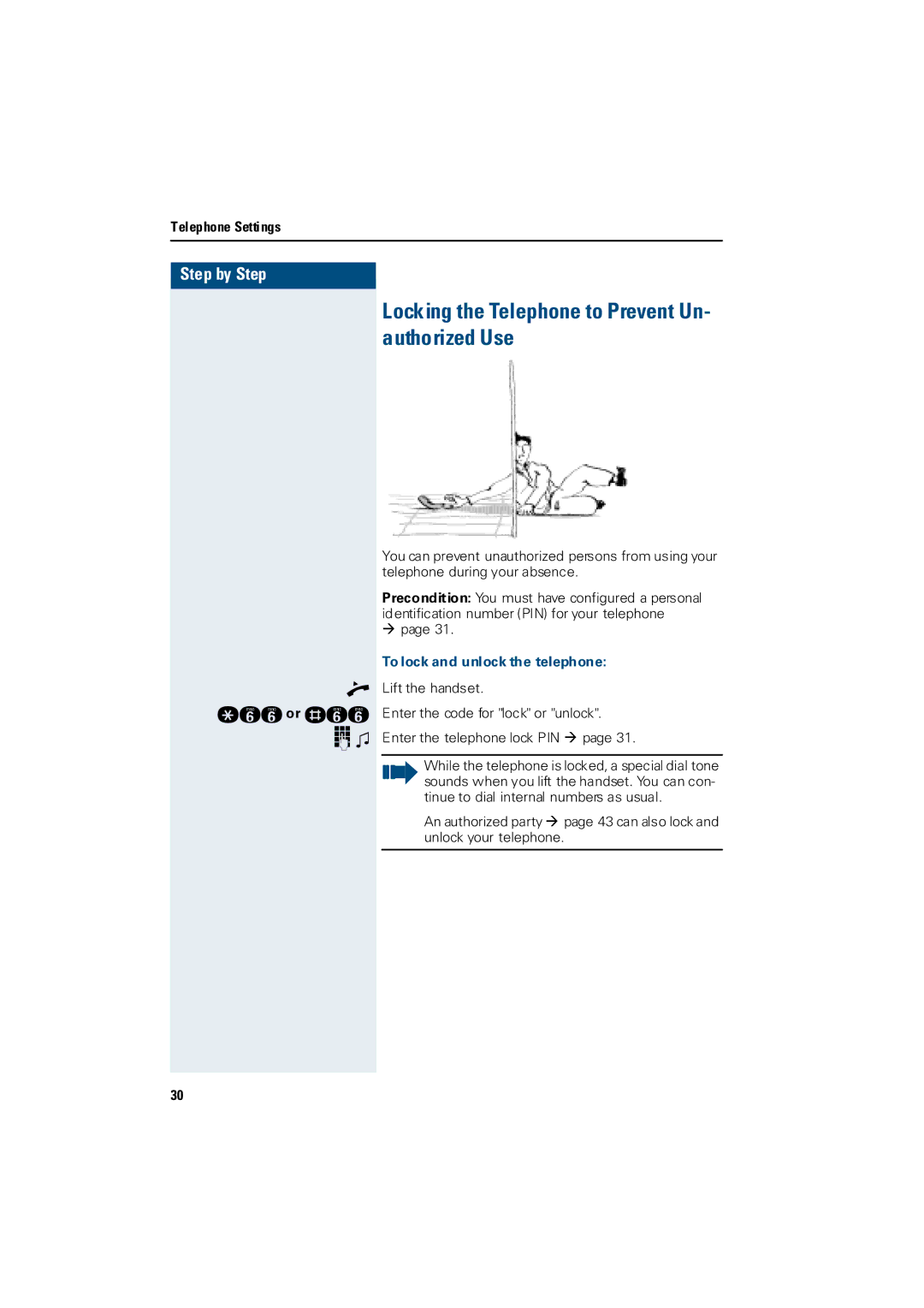 Siemens 3000 operating instructions Locking the Telephone to Prevent Un- authorized Use, To lock and unlock the telephone 