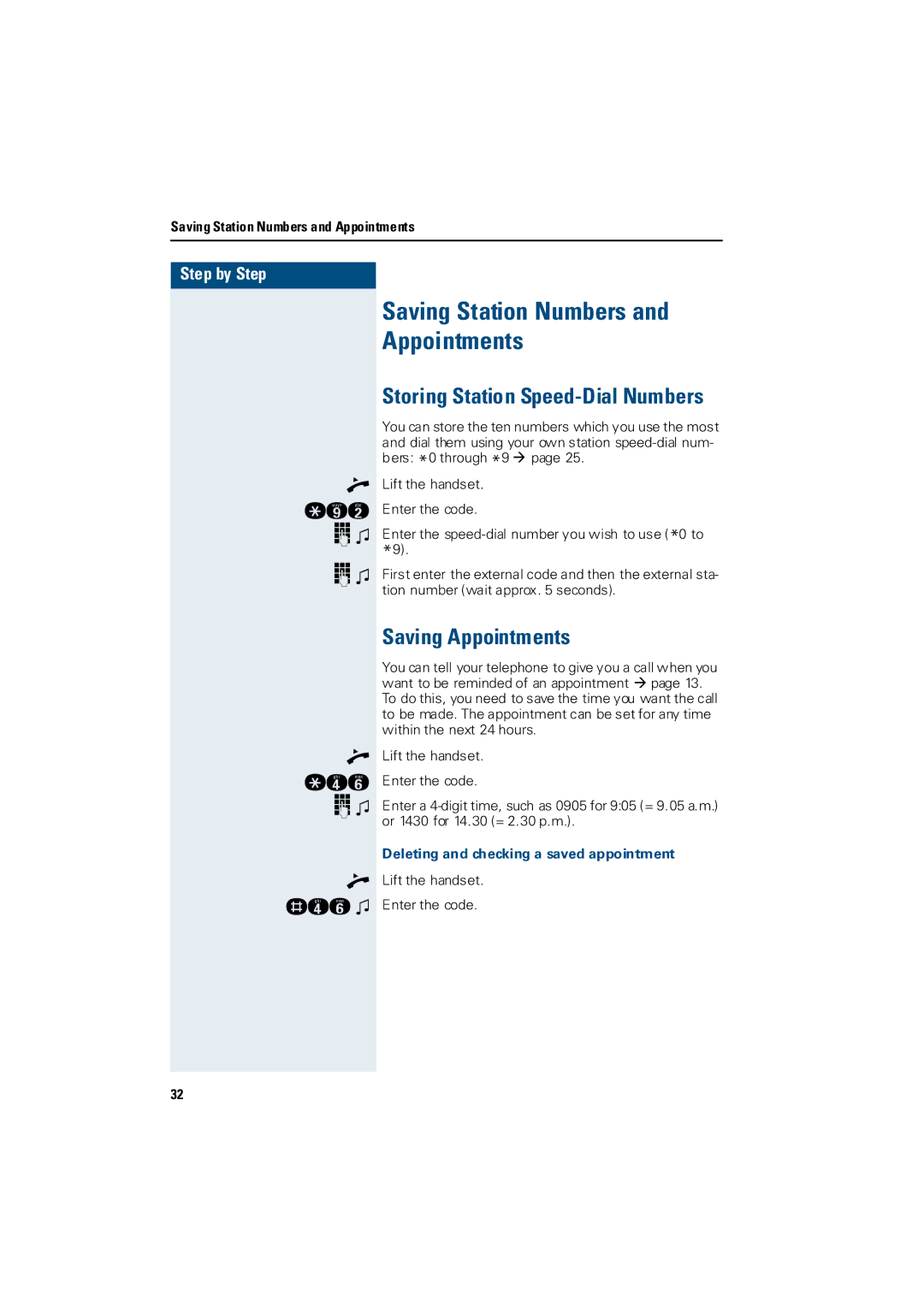 Siemens 3000 Saving Station Numbers and Appointments, Storing Station Speed-Dial Numbers, Saving Appointments 