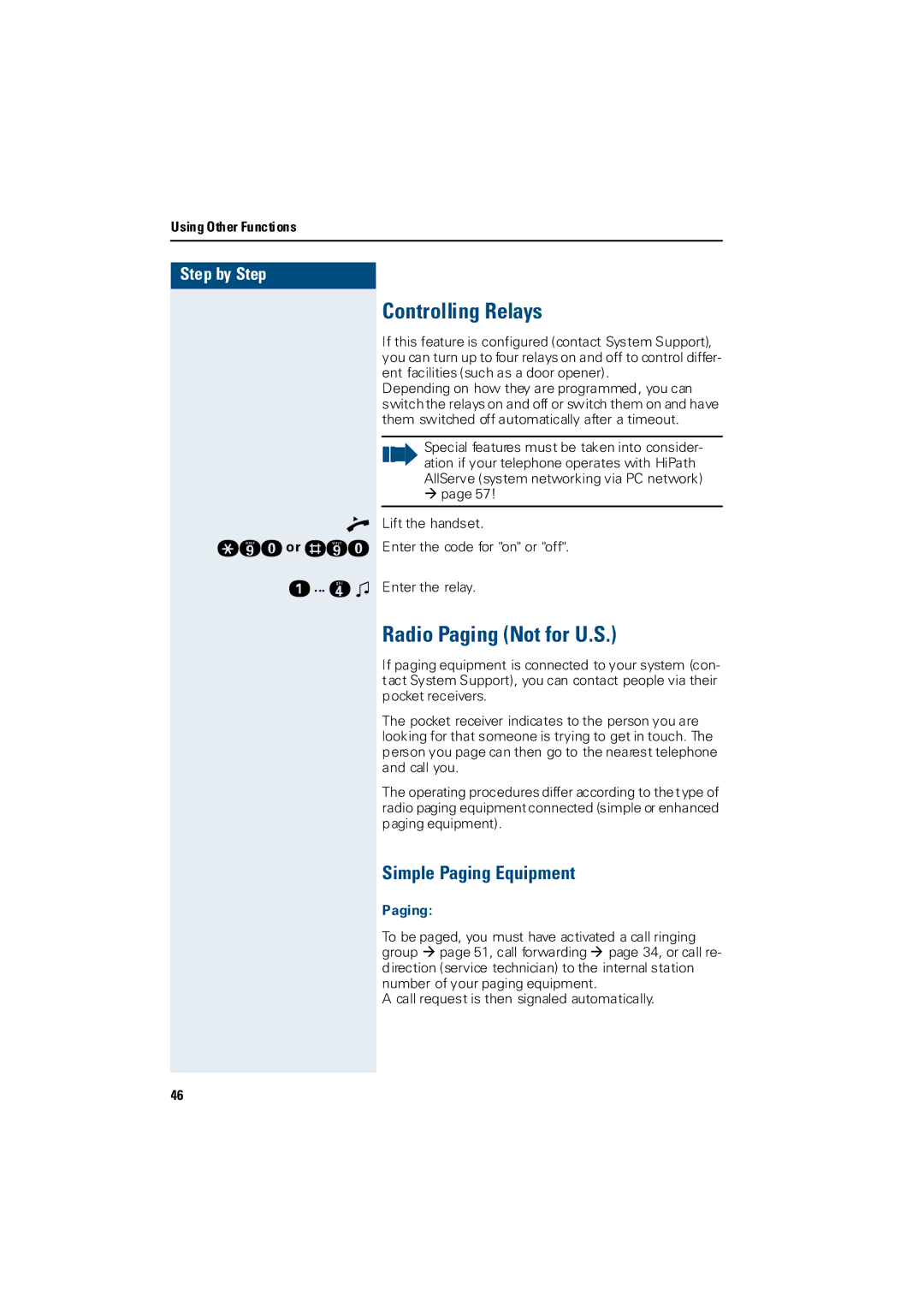 Siemens 3000 operating instructions Controlling Relays, Radio Paging Not for U.S, Simple Paging Equipment 