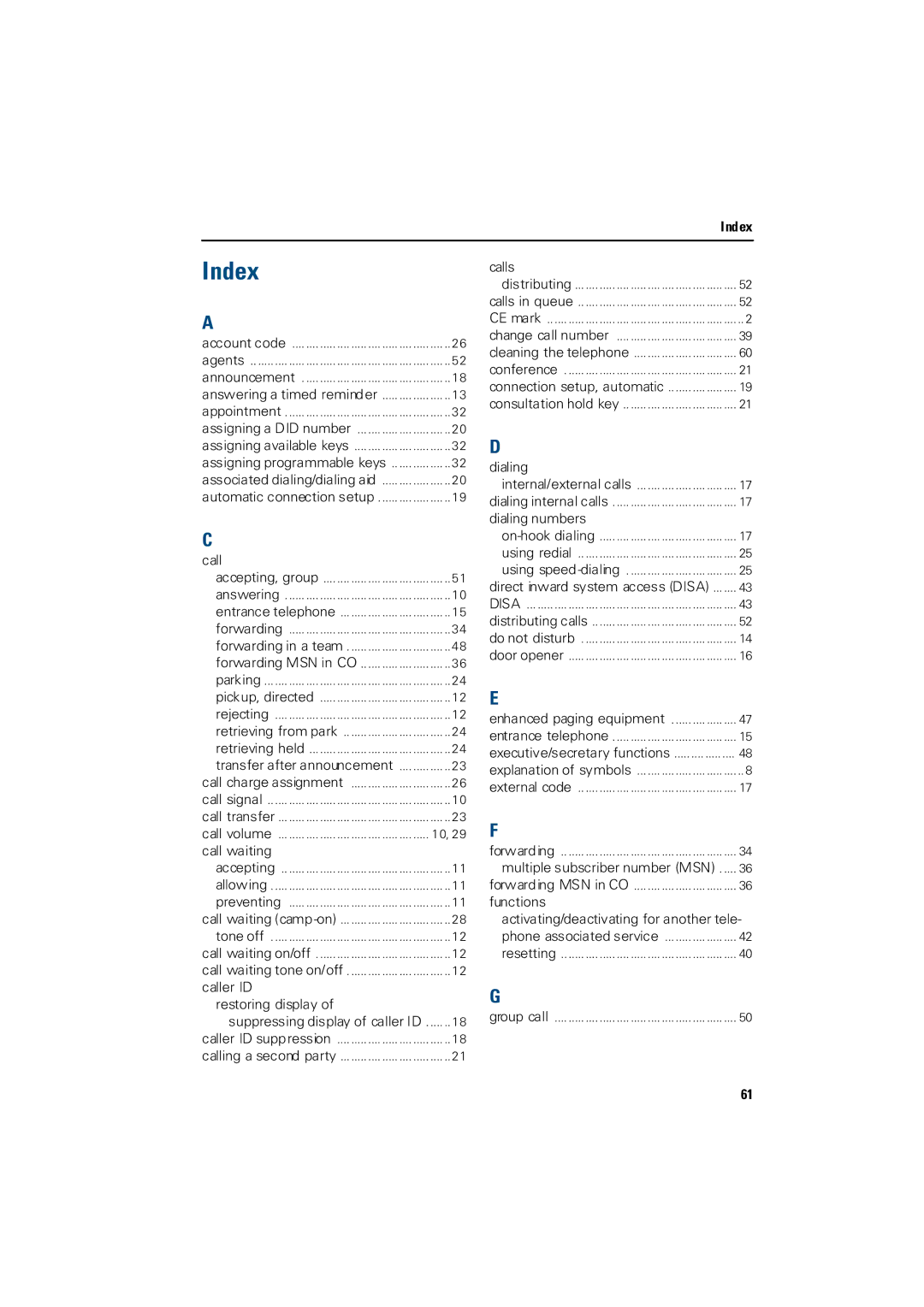 Siemens 3000 operating instructions Index, Call 