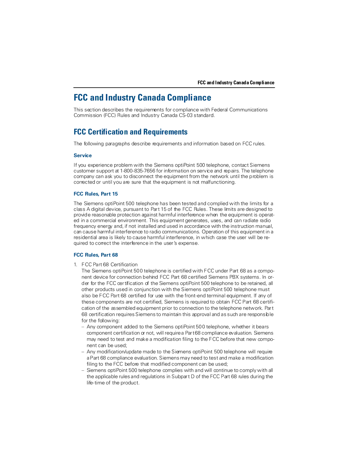 Siemens 3000 FCC and Industry Canada Compliance, FCC Certification and Requirements, Service, FCC Rules, Part 