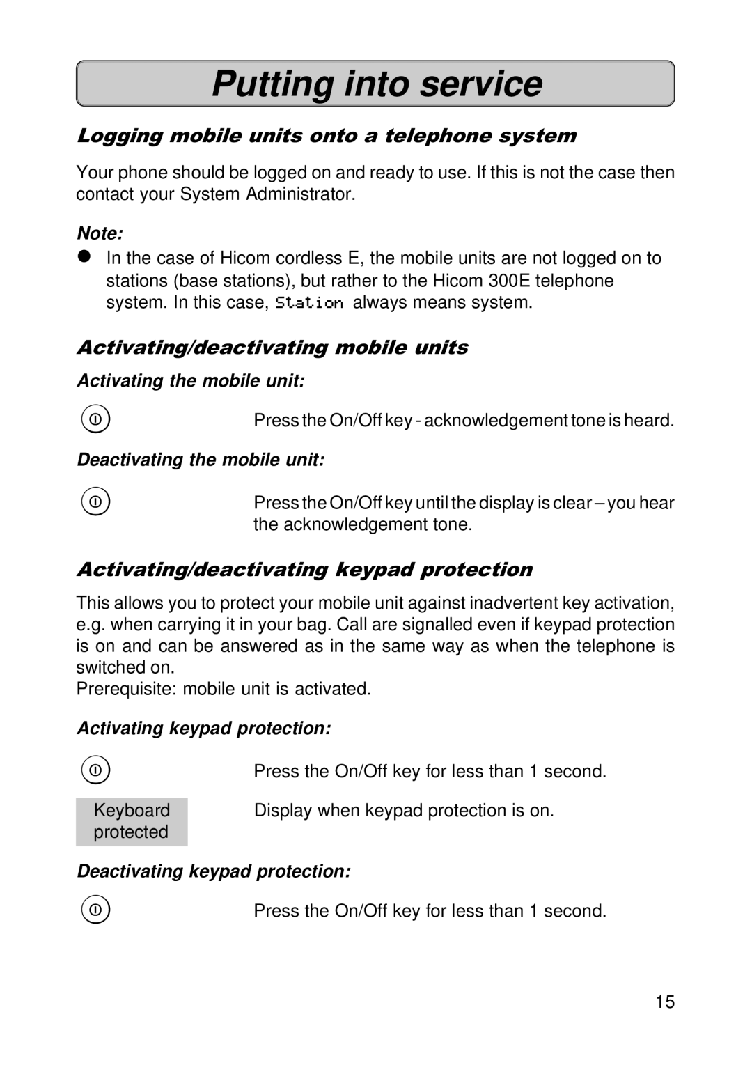 Siemens 300E operating instructions Logging mobile units onto a telephone system, Activating/deactivating mobile units 