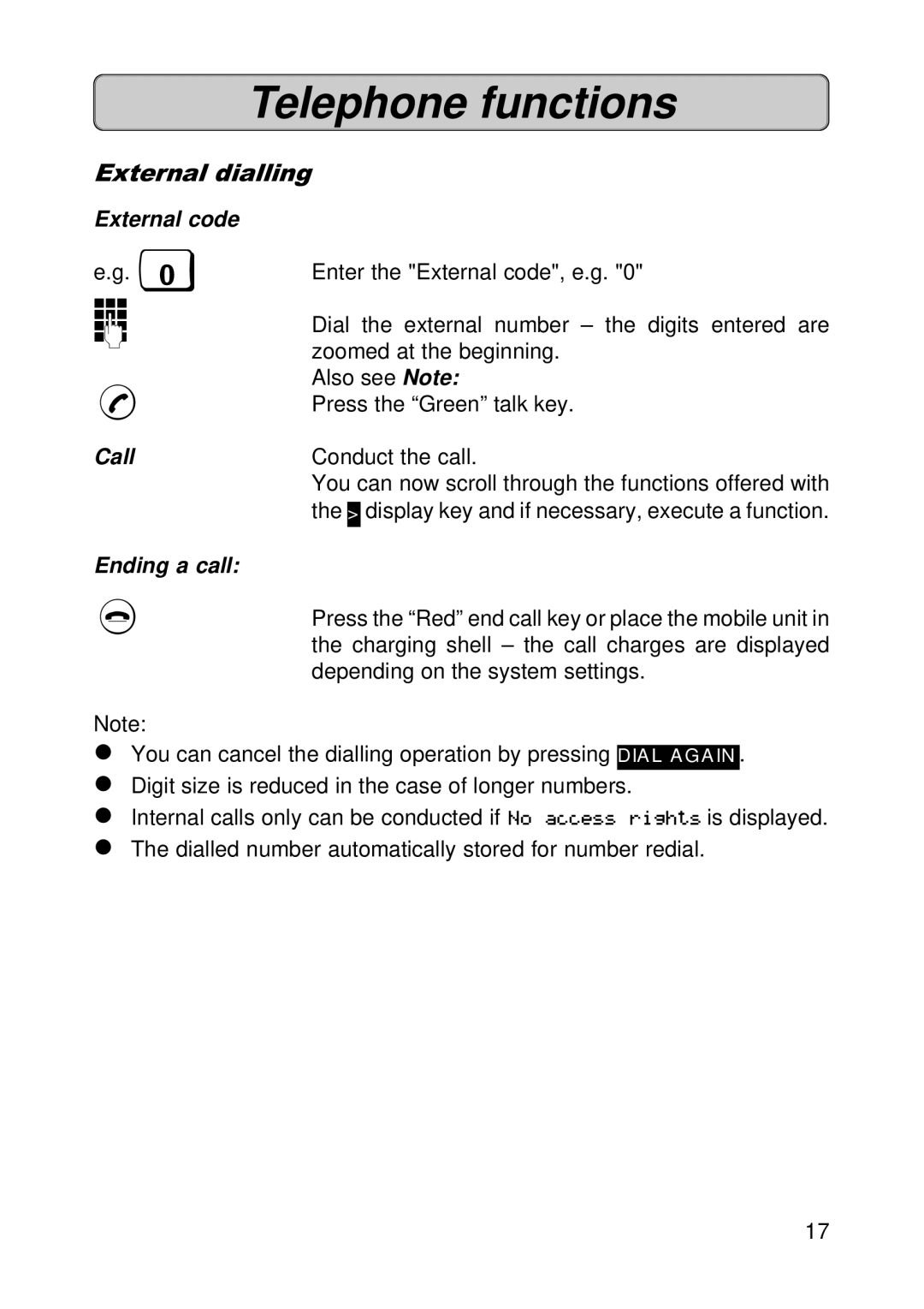 Siemens 300E operating instructions External dialling, External code Call Ending a call 