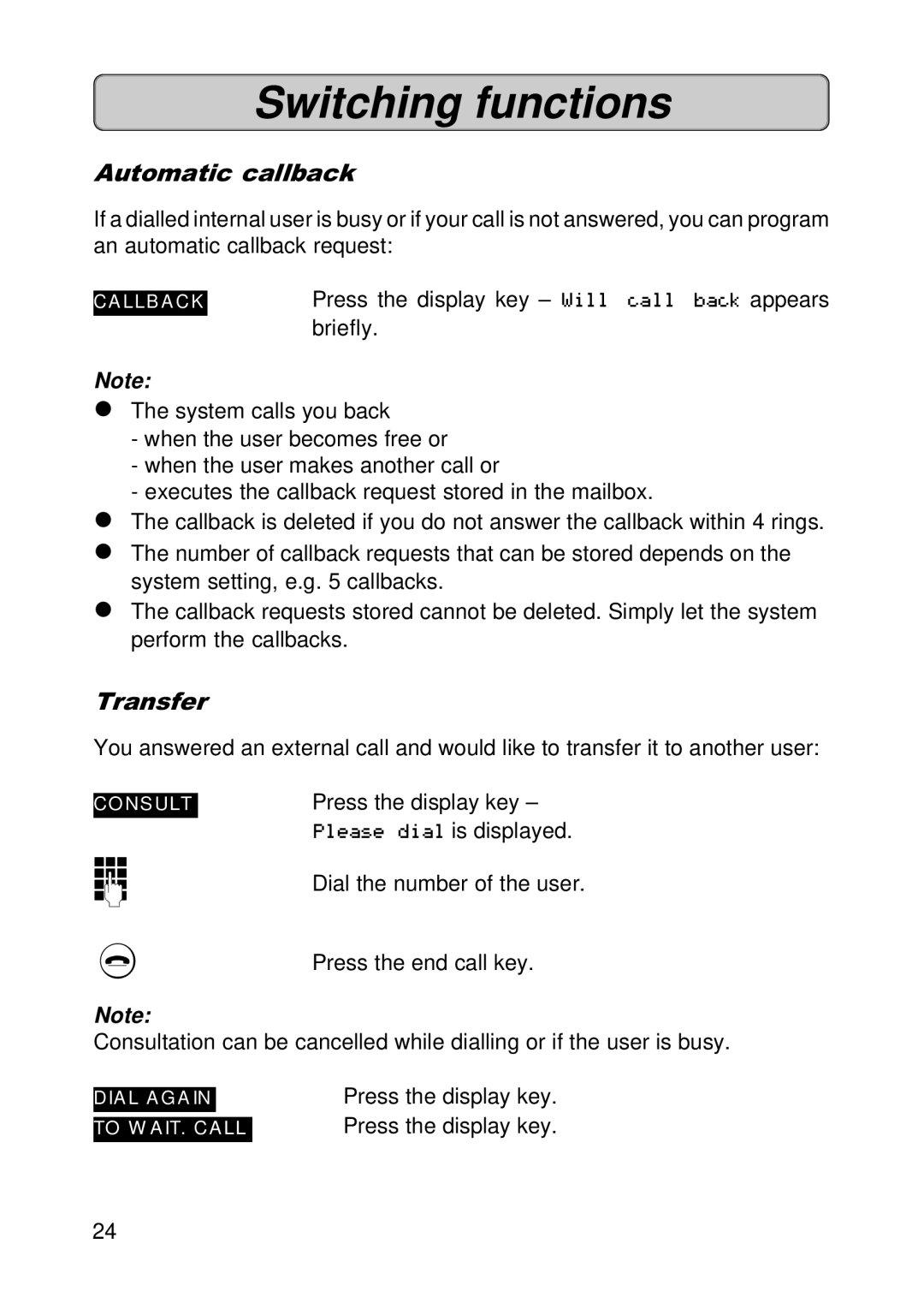 Siemens 300E operating instructions Switching functions, Automatic callback, Transfer 