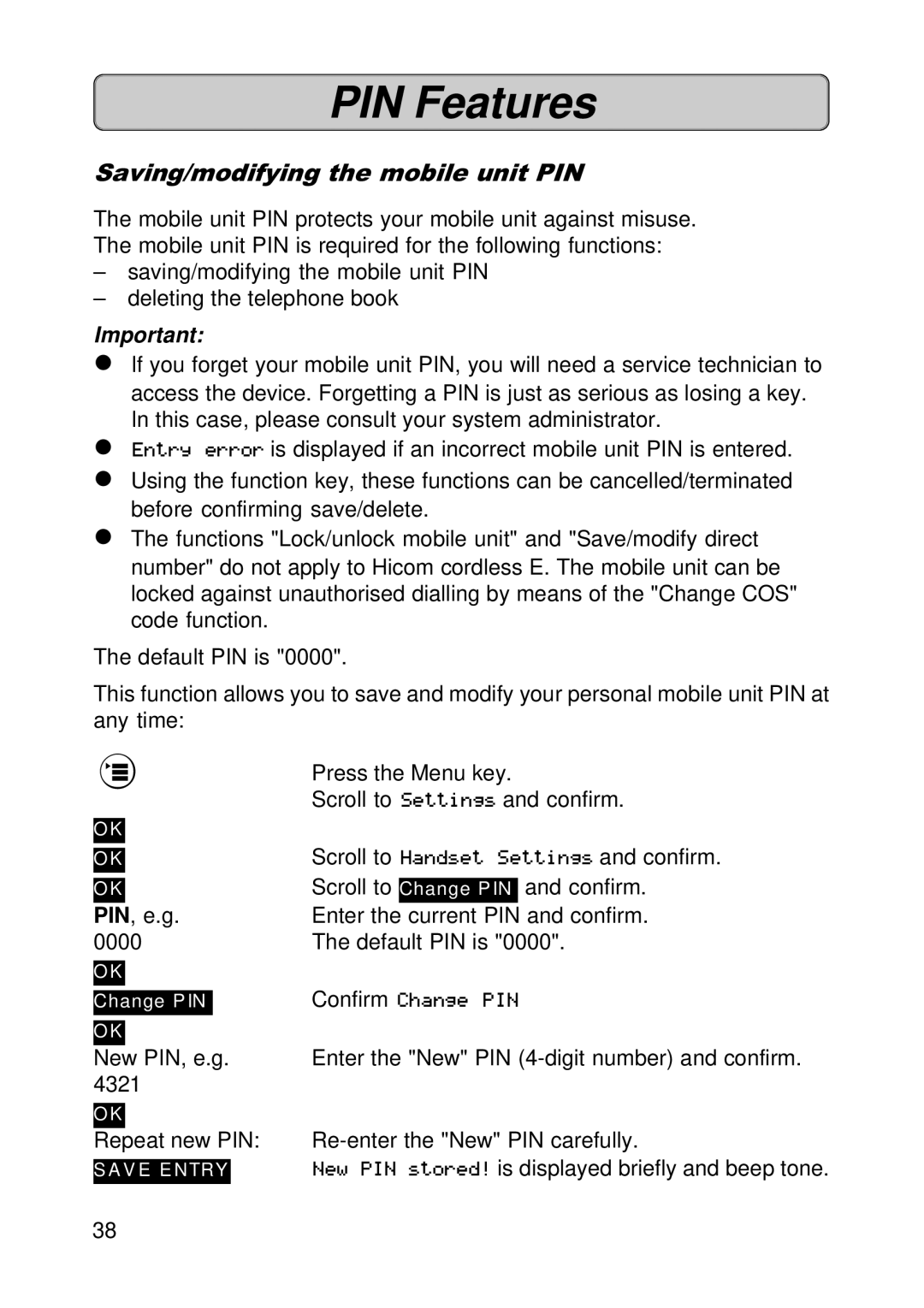 Siemens 300E operating instructions Saving/modifying the mobile unit PIN 