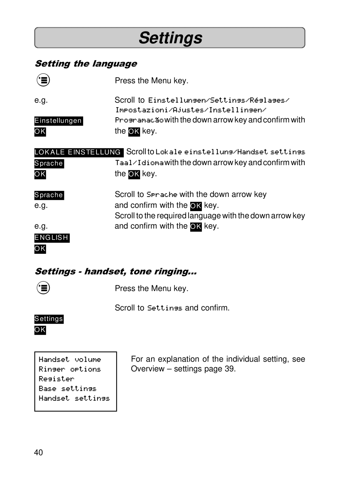 Siemens 300E operating instructions Setting the language, Settings handset, tone ringing 