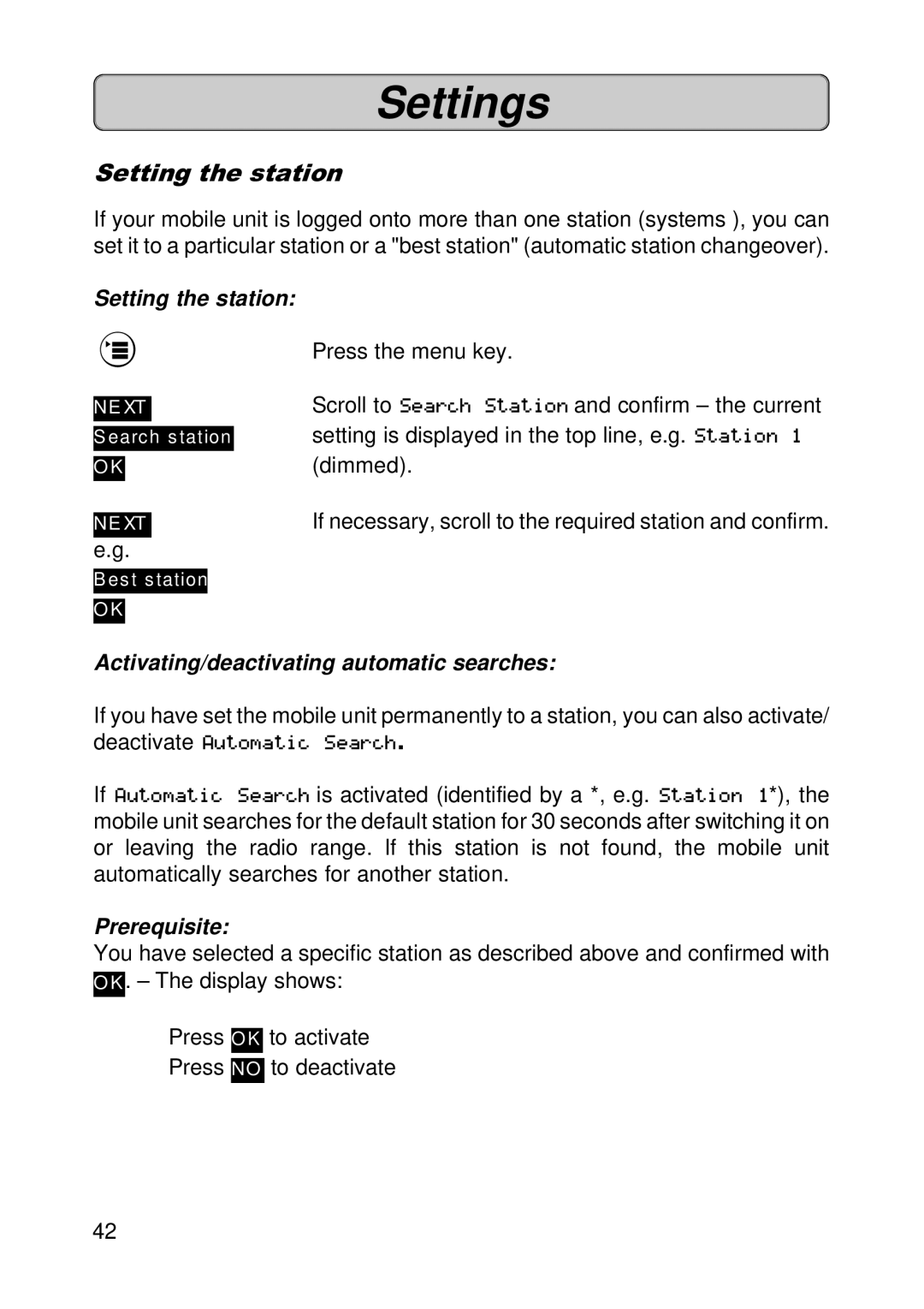 Siemens 300E operating instructions Setting the station, Activating/deactivating automatic searches, Prerequisite 