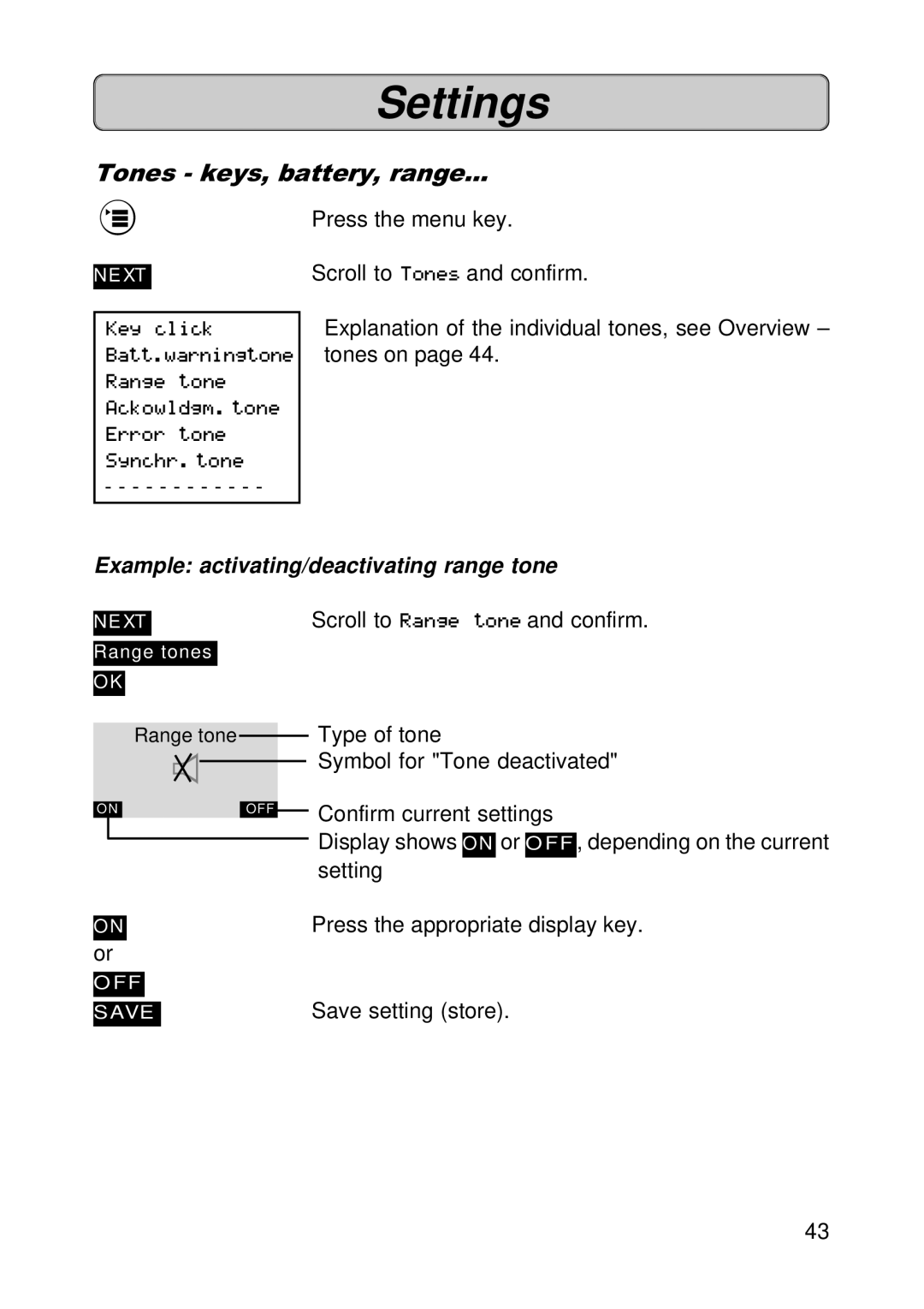 Siemens 300E operating instructions Tones keys, battery, range, Example activating/deactivating range tone 