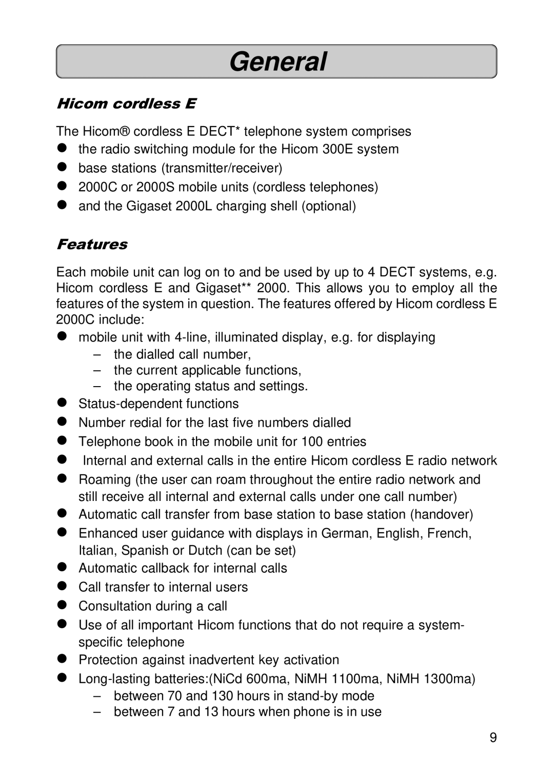 Siemens 300E operating instructions Hicom cordless E, Features 