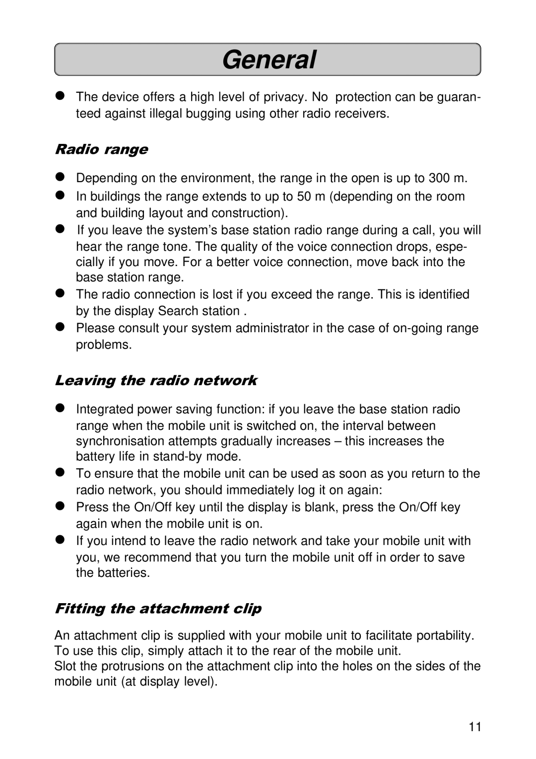 Siemens 300E operating instructions Radio range, Leaving the radio network, Fitting the attachment clip 