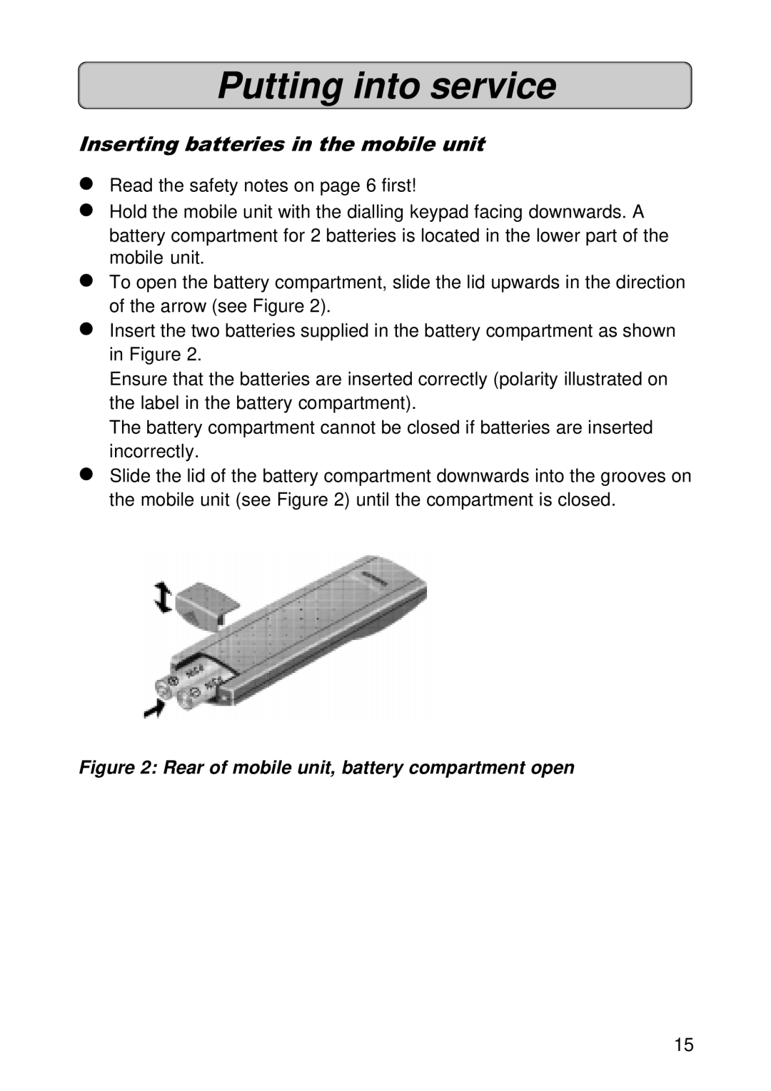 Siemens 300E operating instructions Putting into service, Inserting batteries in the mobile unit 