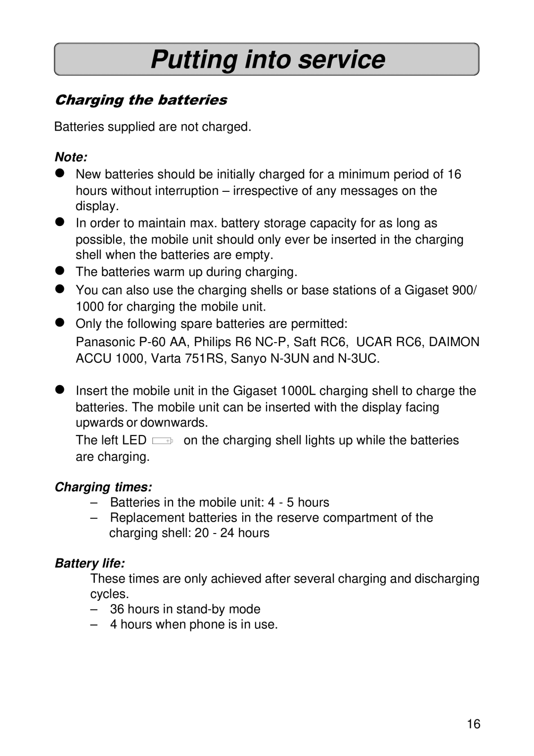 Siemens 300E operating instructions Charging the batteries, Charging times, Battery life 