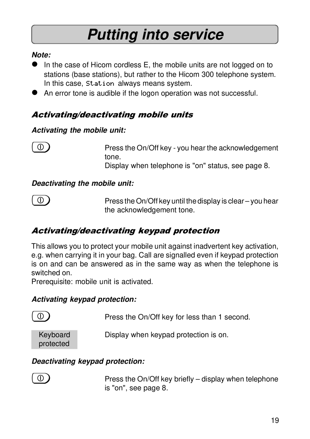 Siemens 300E operating instructions Activating/deactivating mobile units, Activating/deactivating keypad protection 