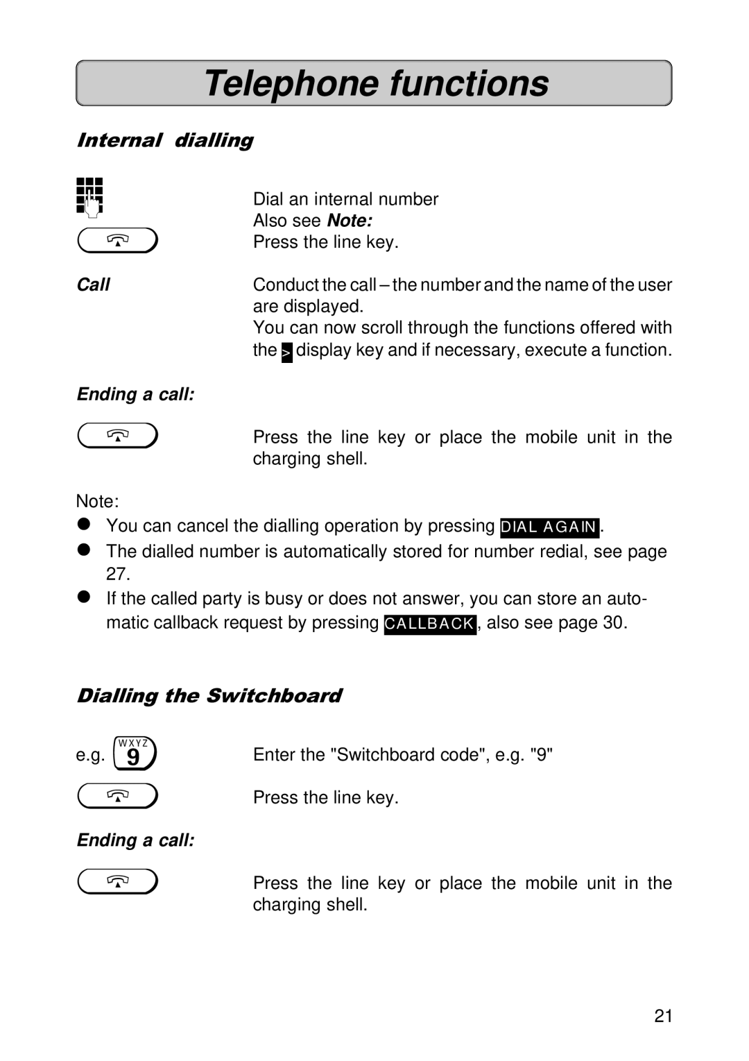 Siemens 300E operating instructions Telephone functions, Internal dialling, Dialling the Switchboard, Call, Ending a call 