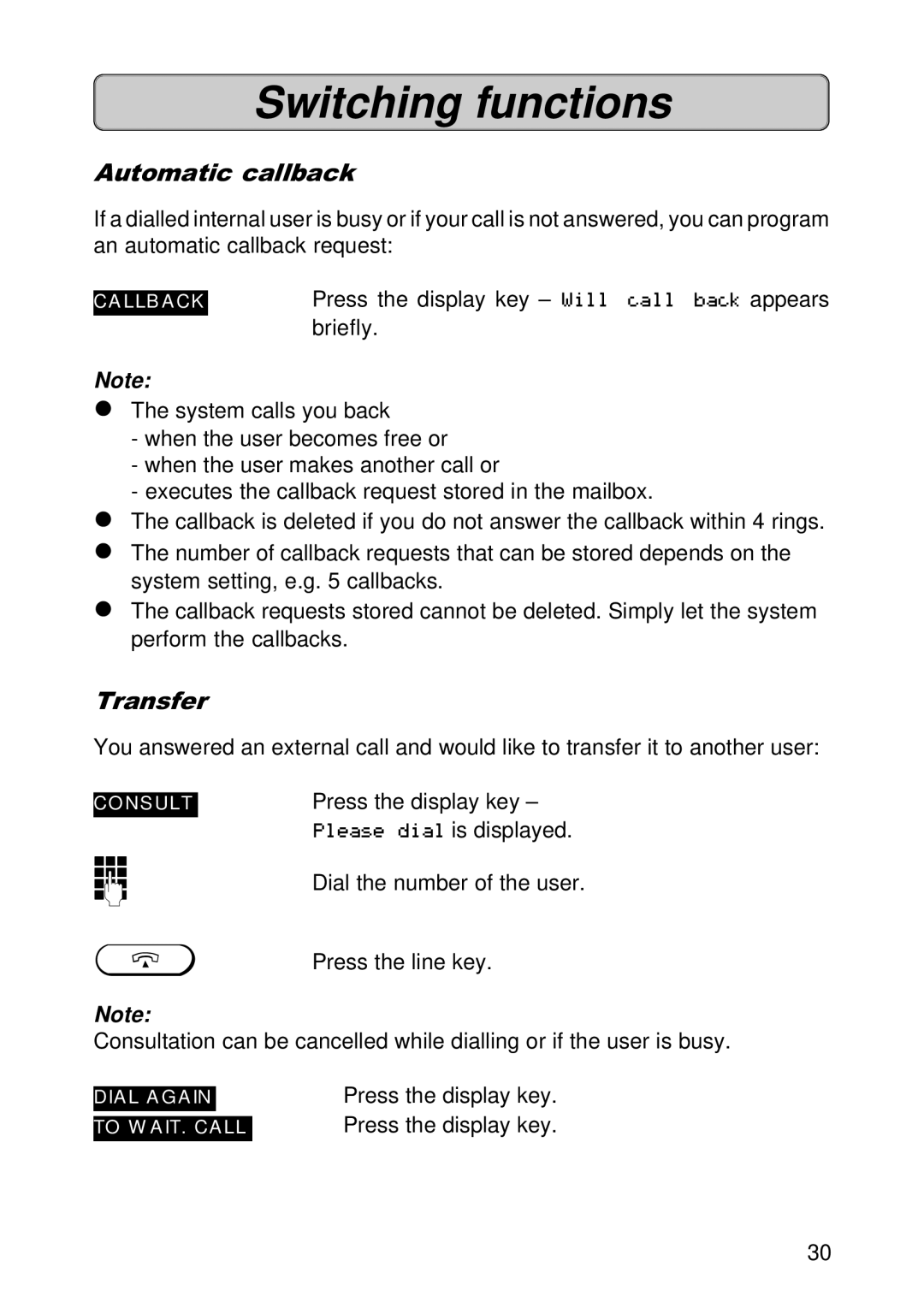 Siemens 300E operating instructions Switching functions, Automatic callback, Transfer 