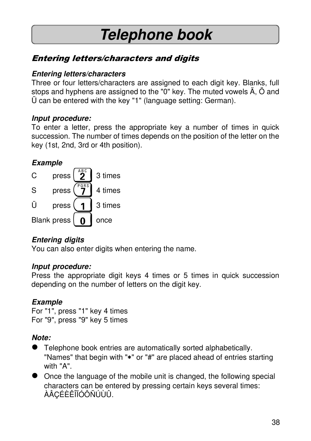 Siemens 300E operating instructions Entering letters/characters and digits, Input procedure, Example, Entering digits 