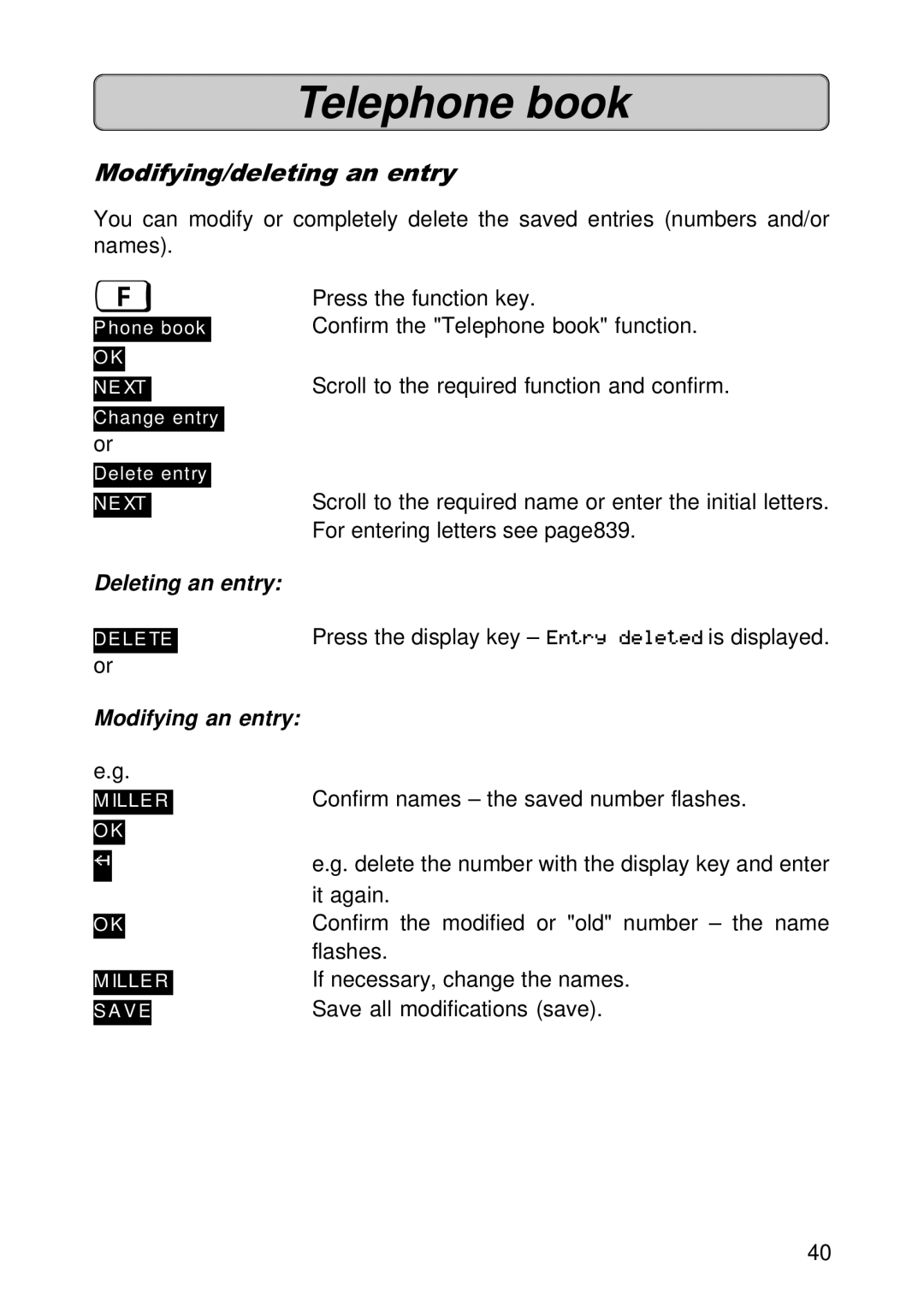 Siemens 300E operating instructions Modifying/deleting an entry, Deleting an entry, Modifying an entry 