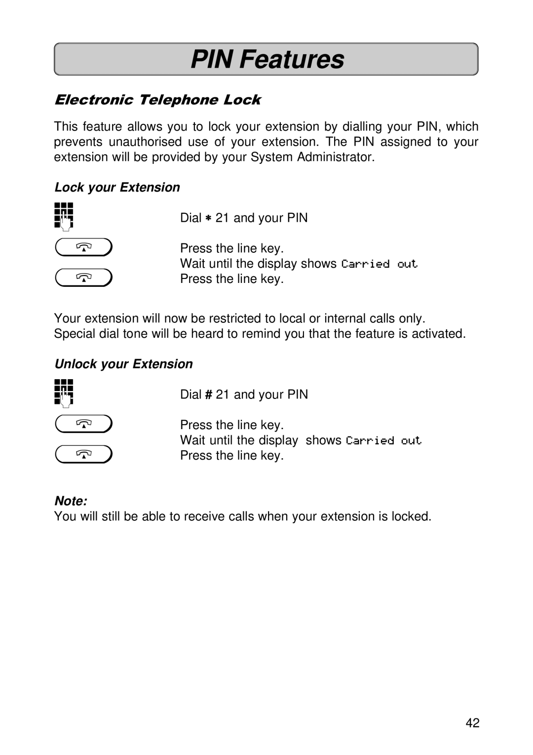 Siemens 300E operating instructions PIN Features, Electronic Telephone Lock, Lock your Extension, Unlock your Extension 