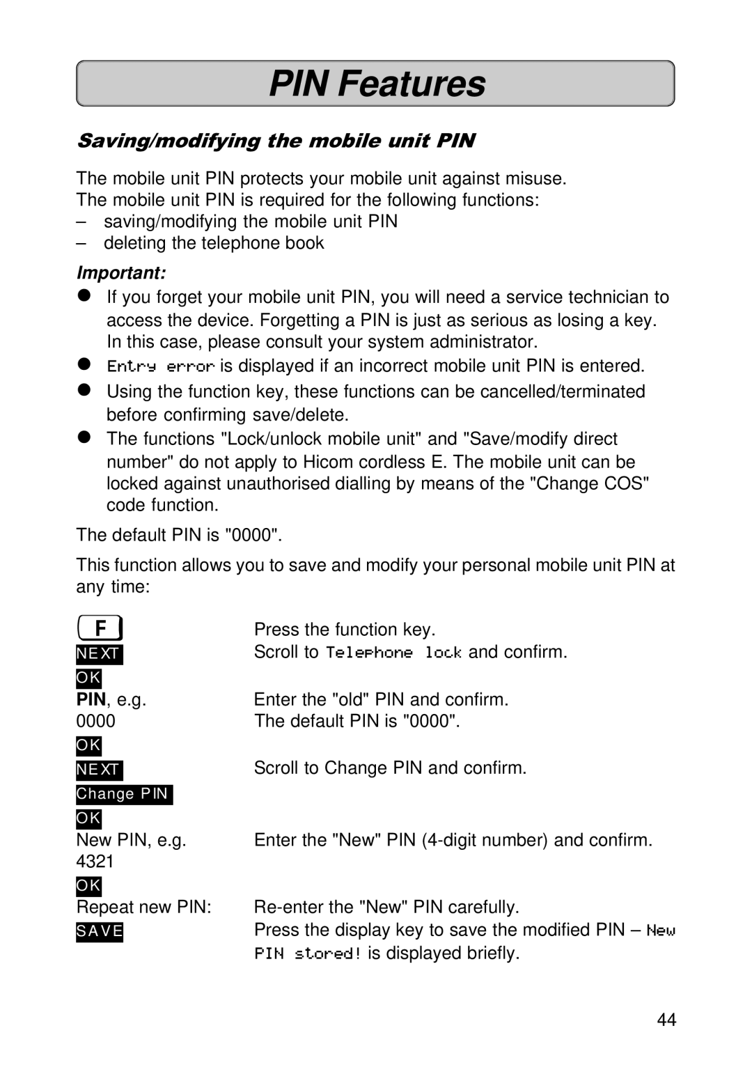 Siemens 300E operating instructions Saving/modifying the mobile unit PIN 