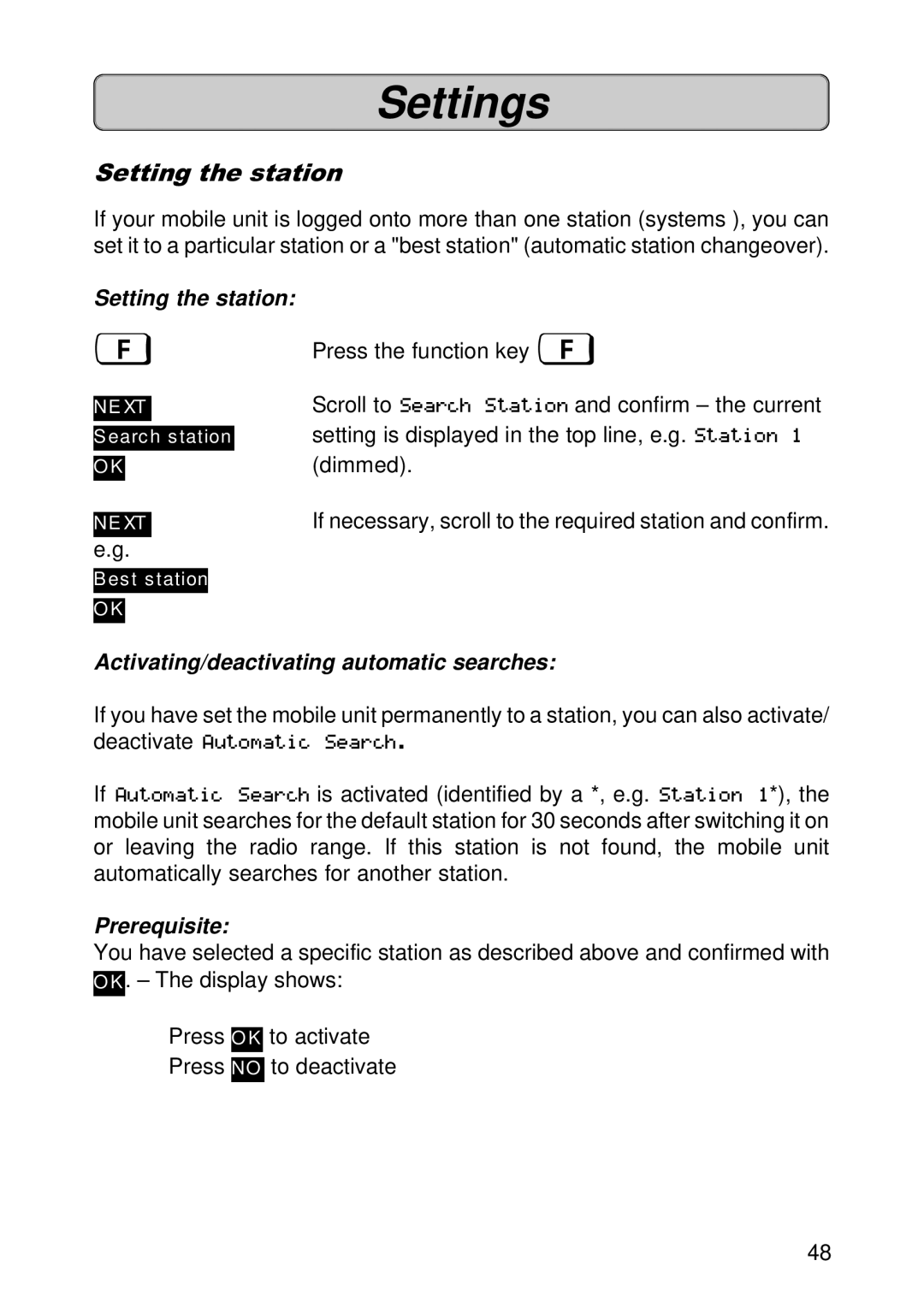 Siemens 300E operating instructions Setting the station, Activating/deactivating automatic searches, Prerequisite 