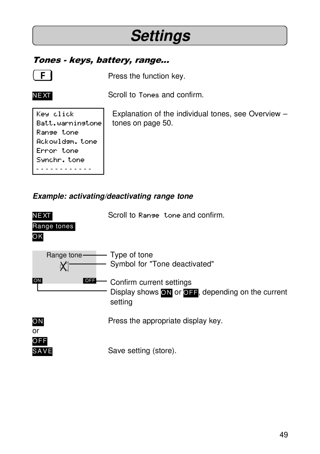 Siemens 300E operating instructions Tones keys, battery, range, Example activating/deactivating range tone 