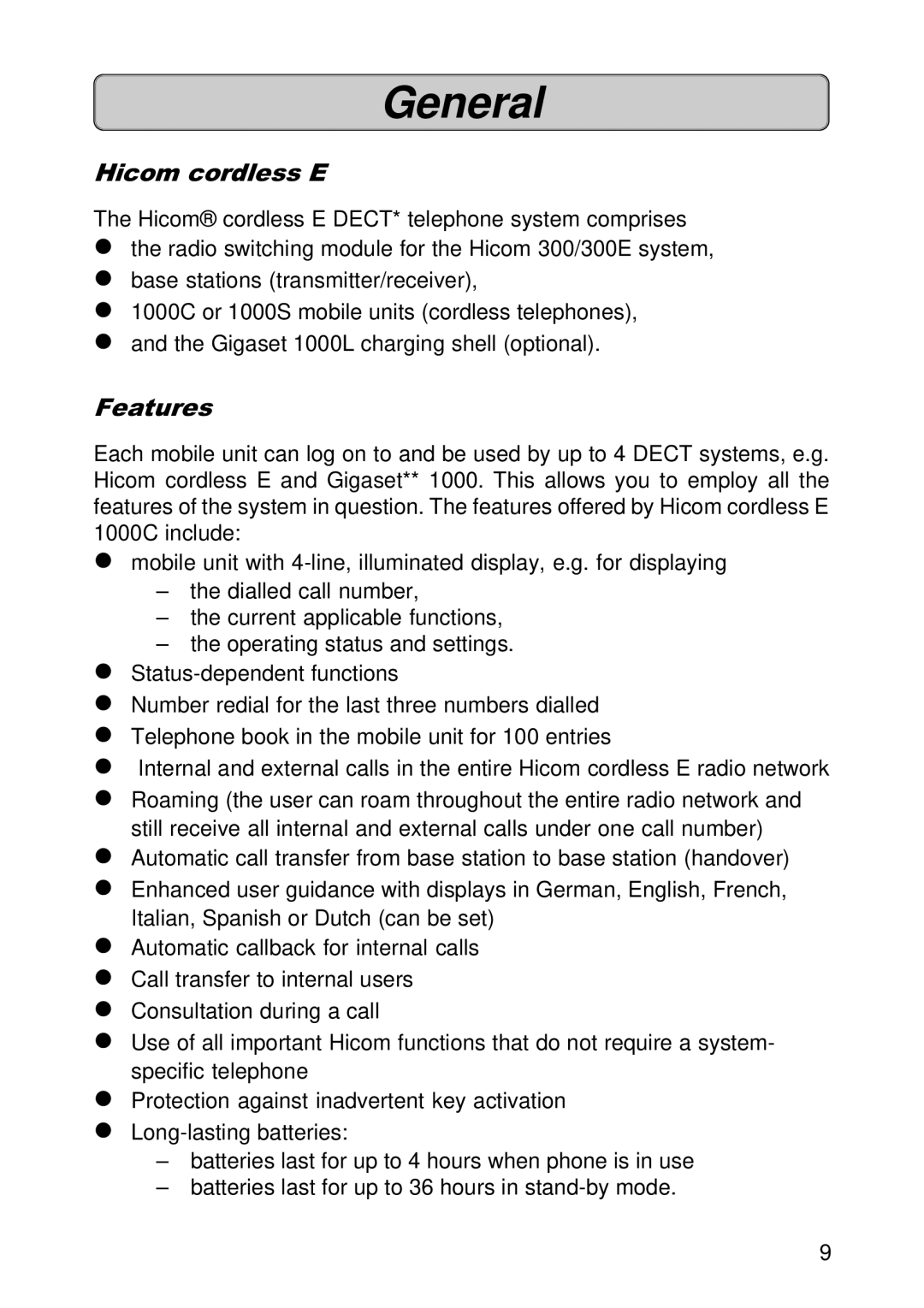 Siemens 300E operating instructions Hicom cordless E, Features 