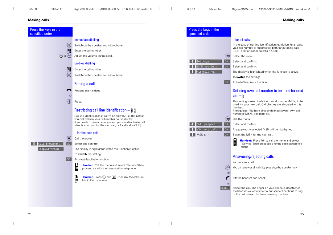 Siemens 3035isdn Ending a call, Restricting call line identification, Answering/rejecting calls, For the next call 