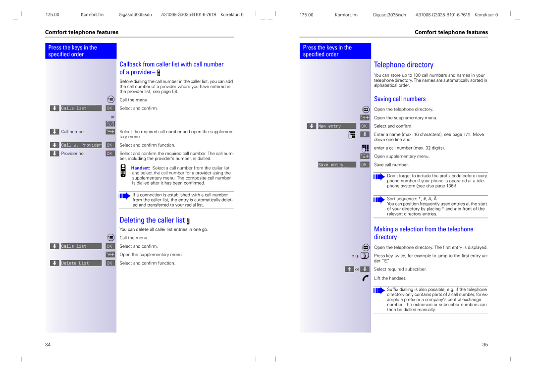 Siemens 3035isdn operating instructions Deleting the caller list, Telephone directory, Saving call numbers 