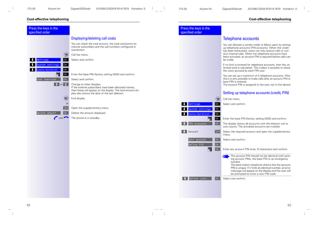 Siemens 3035isdn Telephone accounts, Displaying/deleting call costs, Setting up telephone accounts credit, PIN 