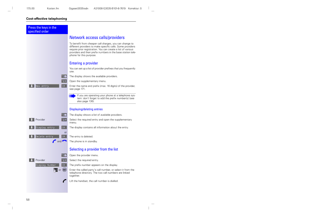 Siemens 3035isdn Network access calls/providers, Entering a provider, Selecting a provider from the list 