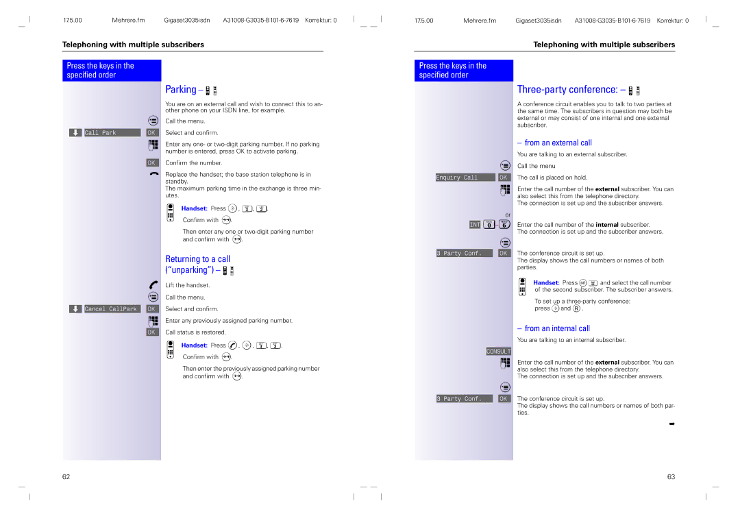 Siemens 3035isdn operating instructions Parking, Three-party conference 