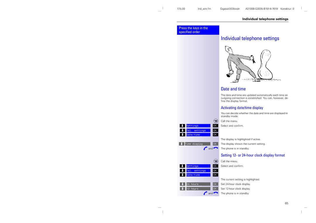 Siemens 3035isdn operating instructions Individual telephone settings, Date and time, Activating date/time display 