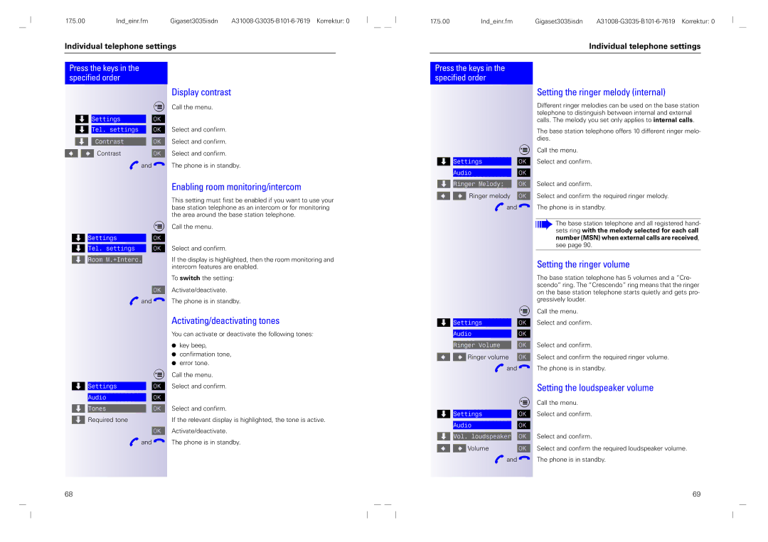 Siemens 3035isdn operating instructions Display contrast, Enabling room monitoring/intercom, Activating/deactivating tones 
