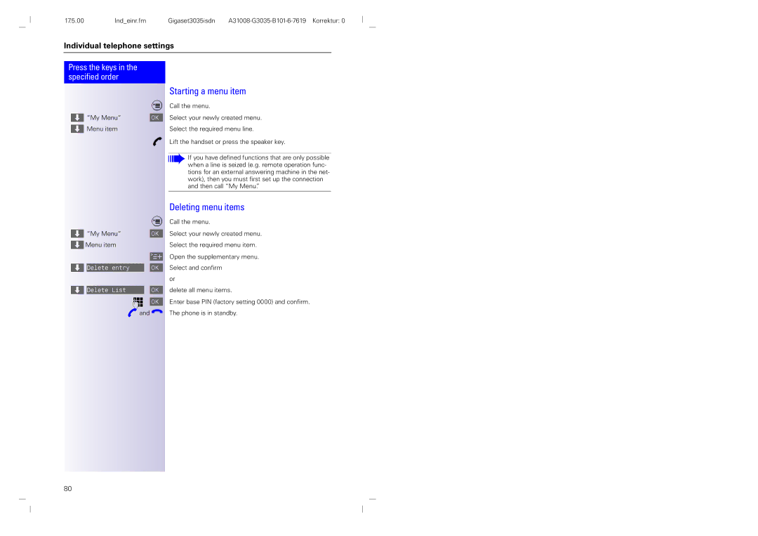 Siemens 3035isdn operating instructions Starting a menu item, Deleting menu items, Menu item My Menu 