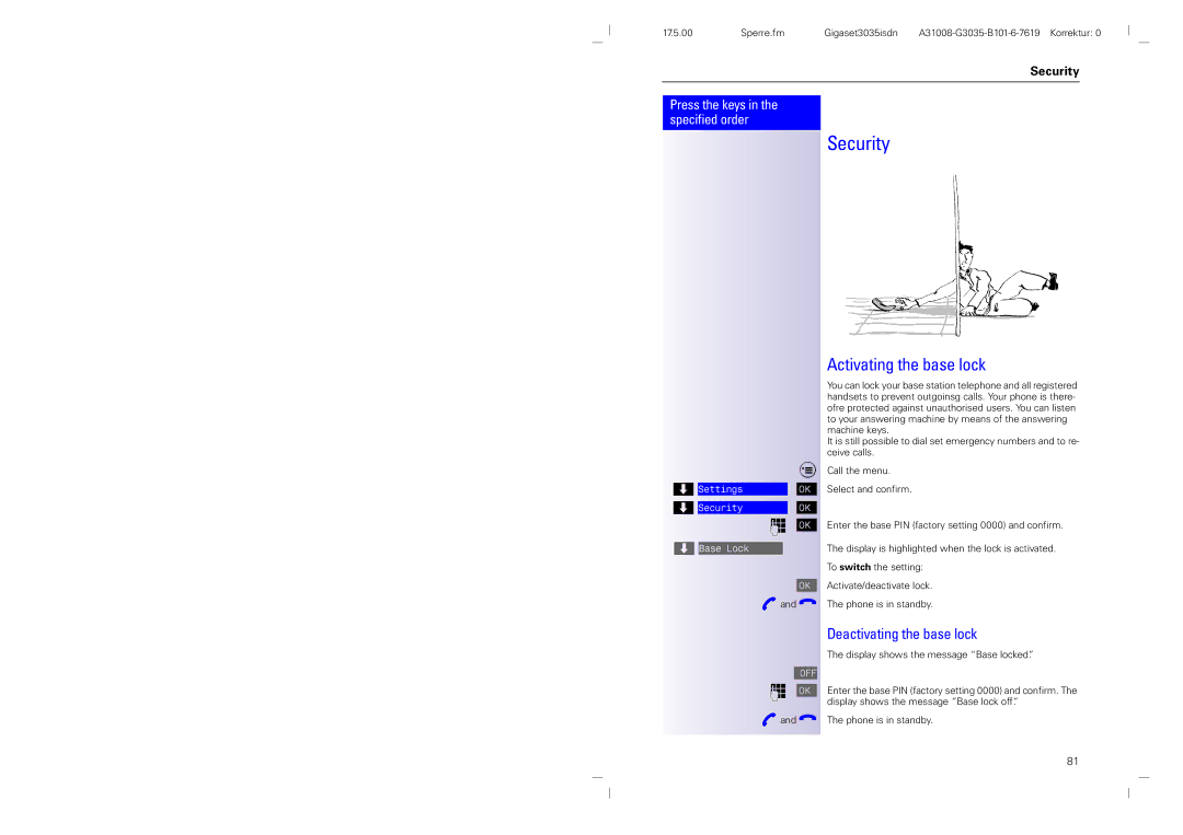 Siemens 3035isdn operating instructions Security, Activating the base lock, Deactivating the base lock 