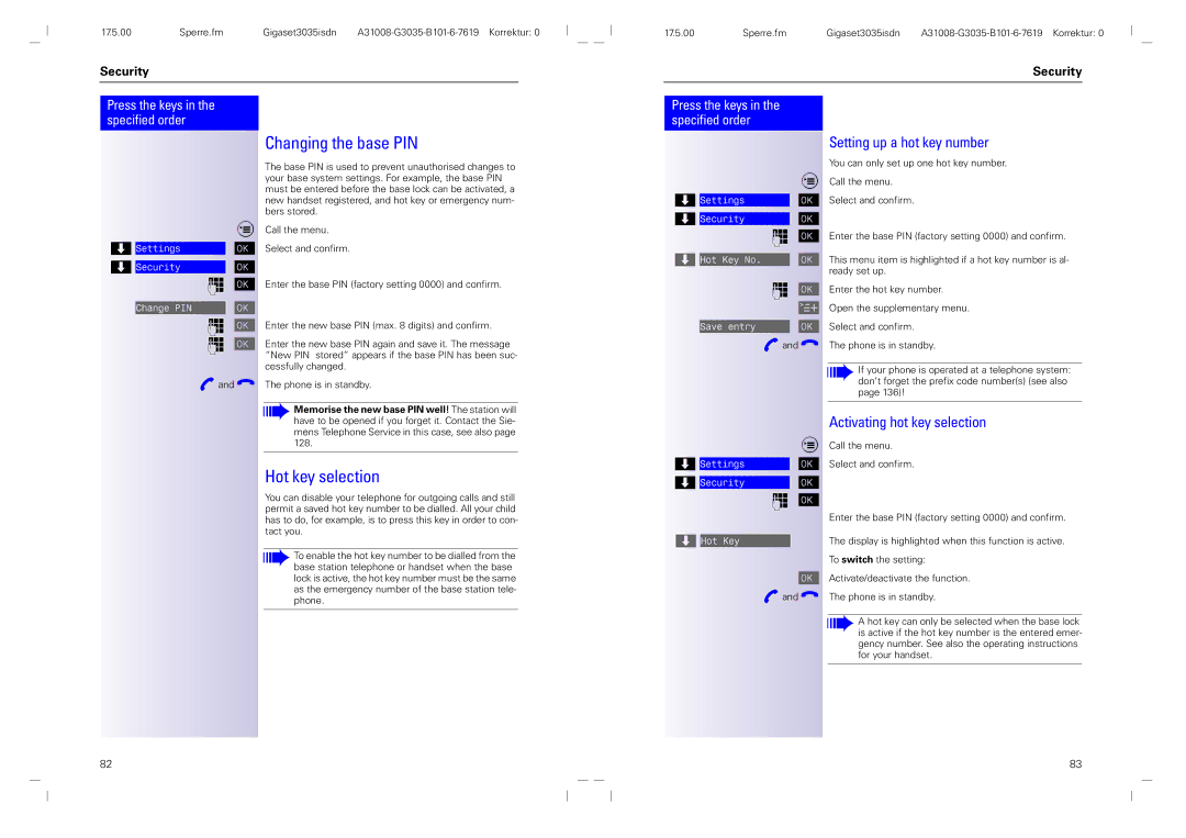 Siemens 3035isdn Changing the base PIN, Hot key selection, Setting up a hot key number, Activating hot key selection 