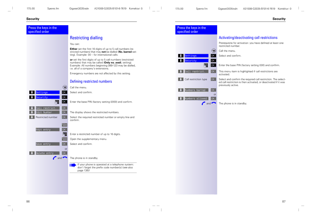 Siemens 3035isdn Restricting dialling, Defining restricted numbers, Activating/deactivating call restrictions 