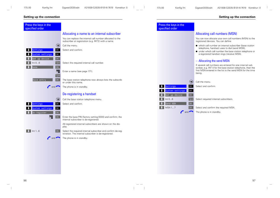 Siemens 3035isdn Allocating a name to an internal subscriber, De-registering a handset, Allocating call numbers MSN 