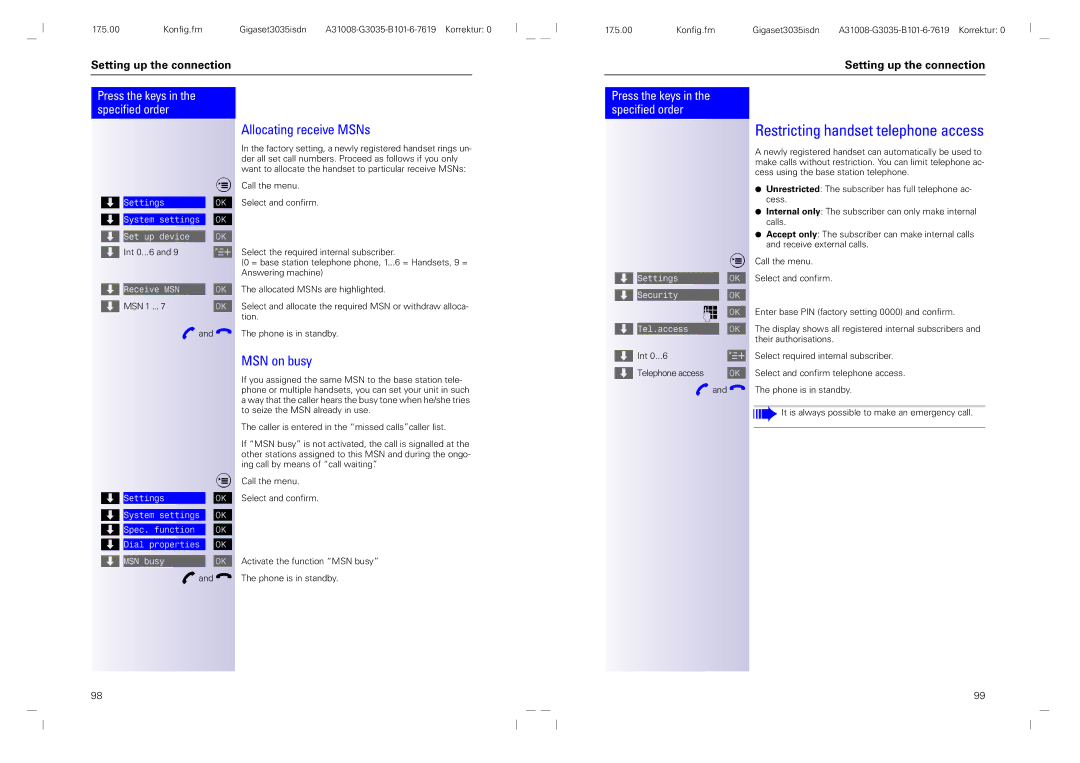 Siemens 3035isdn operating instructions Restricting handset telephone access, Allocating receive MSNs, MSN on busy 