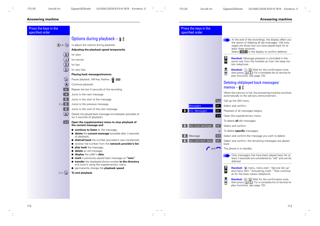 Siemens 3035isdn Options during playback, Deleting old/played back messages/ memos, Playing back messages/memos 
