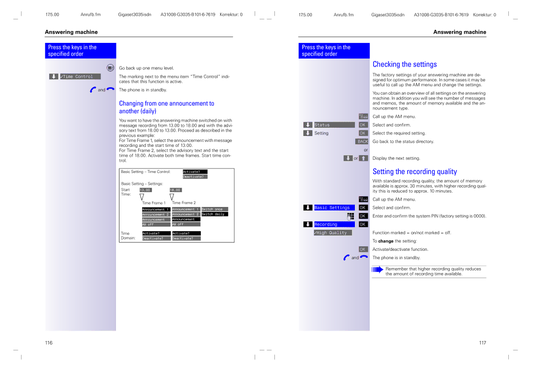Siemens 3035isdn Checking the settings, Setting the recording quality, Changing from one announcement to another daily 