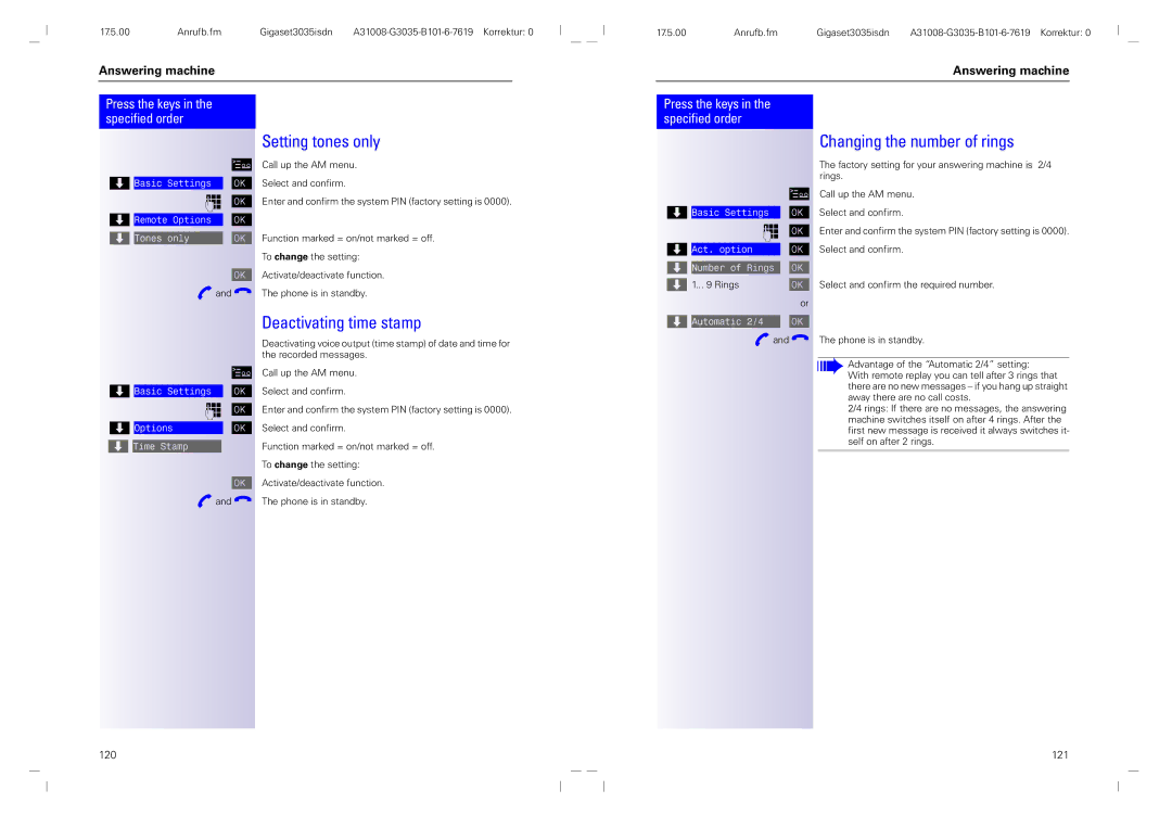 Siemens 3035isdn operating instructions Setting tones only, Deactivating time stamp, Changing the number of rings 