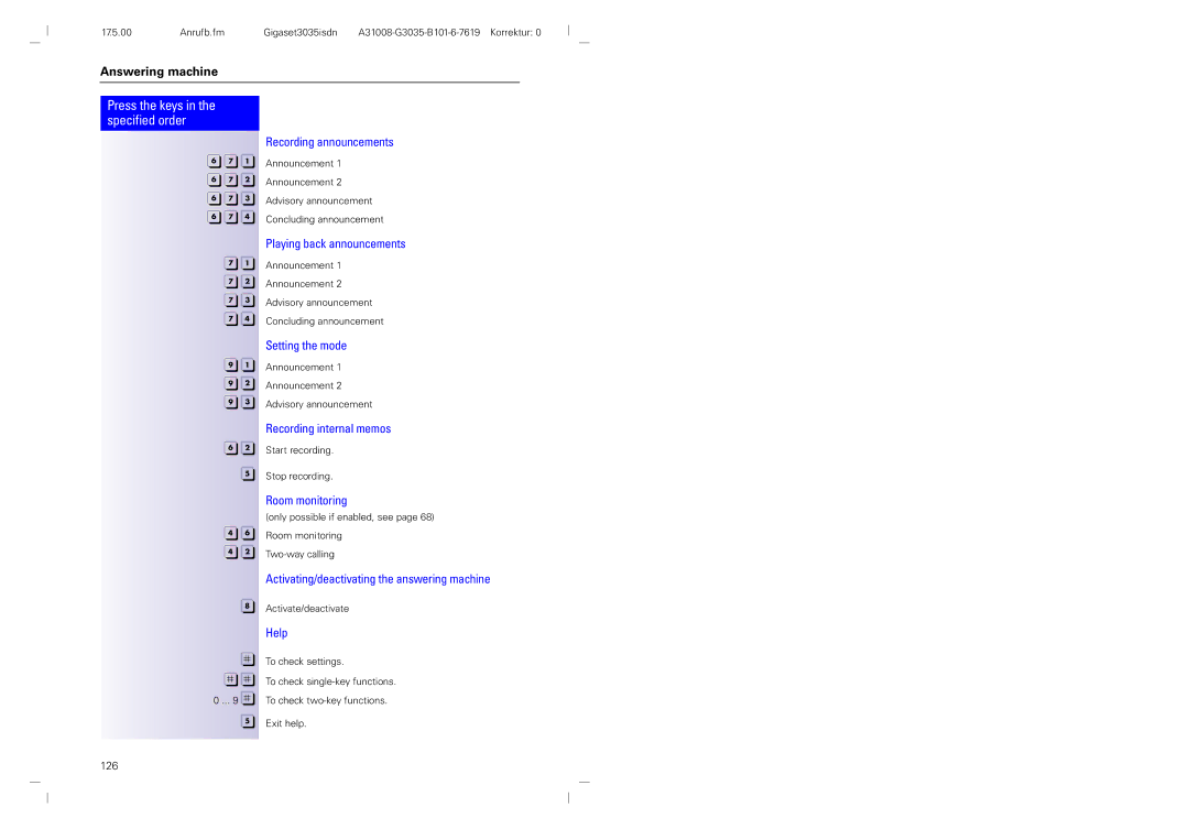 Siemens 3035isdn Recording announcements, Playing back announcements, Setting the mode, Recording internal memos, Help 