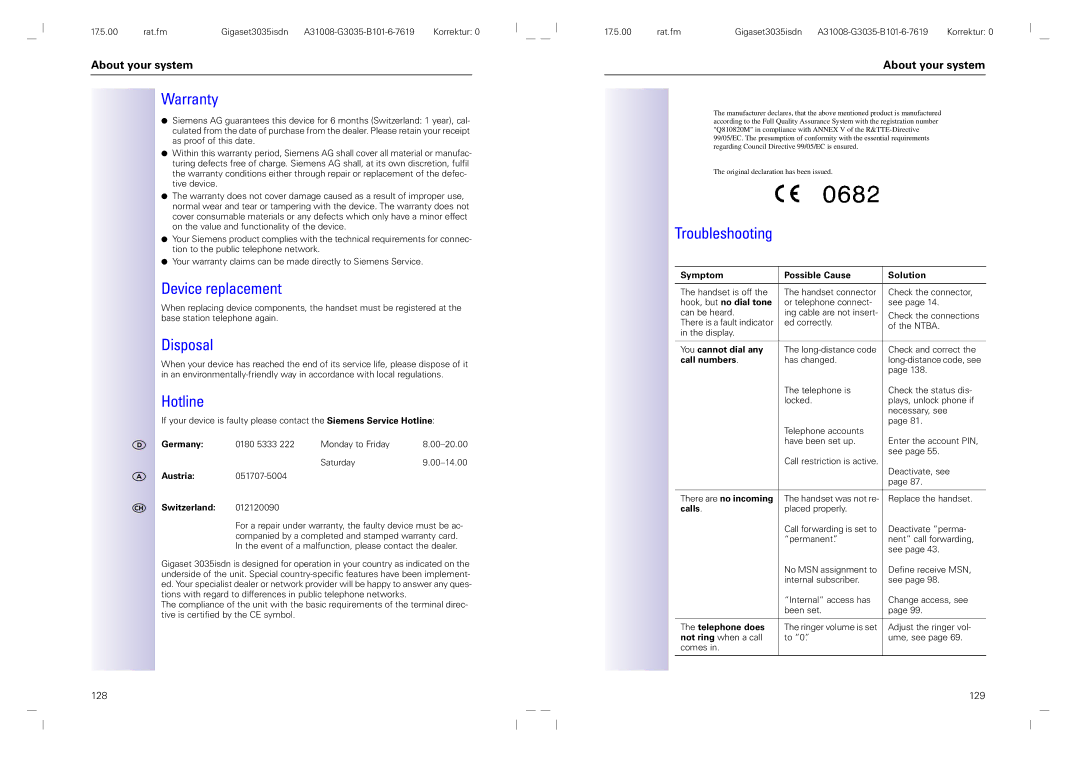 Siemens 3035isdn operating instructions Warranty, Device replacement, Disposal, Hotline, Troubleshooting 