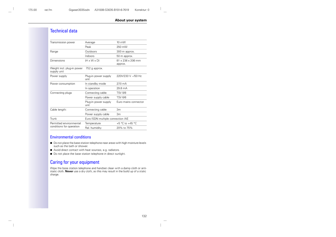 Siemens 3035isdn operating instructions Technical data, Caring for your equipment, Environmental conditions 