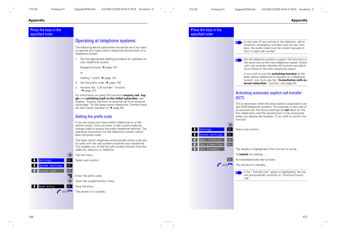 Siemens 3035isdn Operating at telephone systems, Setting the prefix code, Activating automatic explicit call transfer ECT 